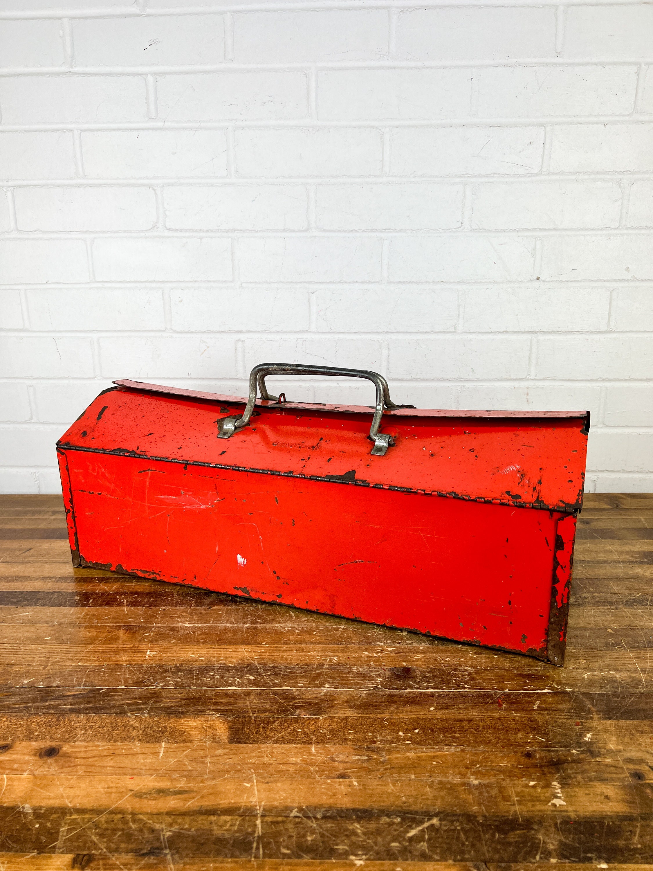 Large Distressed Vintage Orange Tool Box Orange Red Metal Box Tool