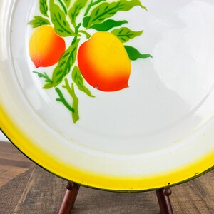 Puede incluir: Bandeja de servir de esmalte blanco con borde amarillo y un dise&ntilde;o pintado de hojas verdes y frutas naranjas.