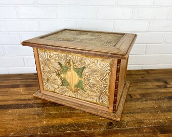 Unique Vintage Light Brown Wood Display Box with Lid Art Deco Floral Pattern