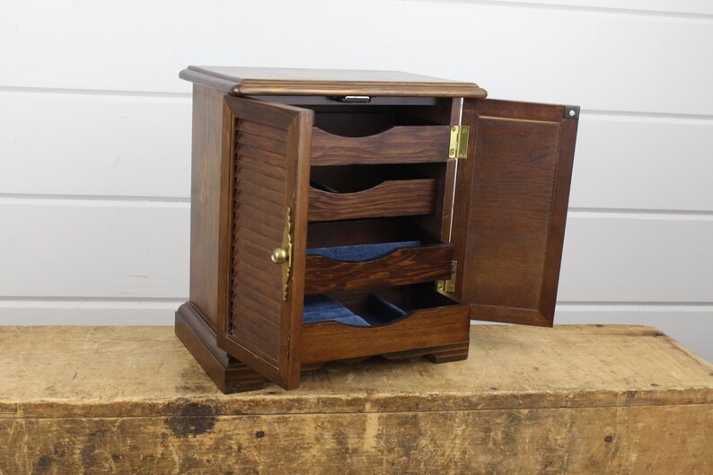 Vintage Dark Wood Four Drawer Jewelry Box With Blue Fabric Lined