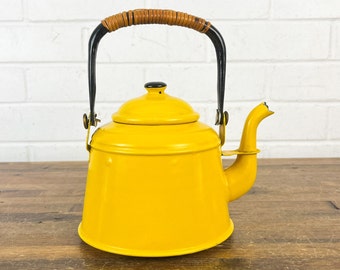 Small Decorative Yellow Vintage Enamel TeaPot with Handle Unique Yellow Kitchen Shelf Decor Old Tea Pot to Display