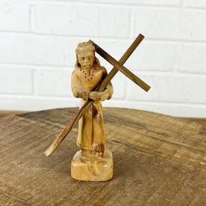 Vintage Jesus Christ Wood Carving Jesus Carrying Cross Statue Religious Figurine Hand Carved Wooden Religious Art Catholic Decor