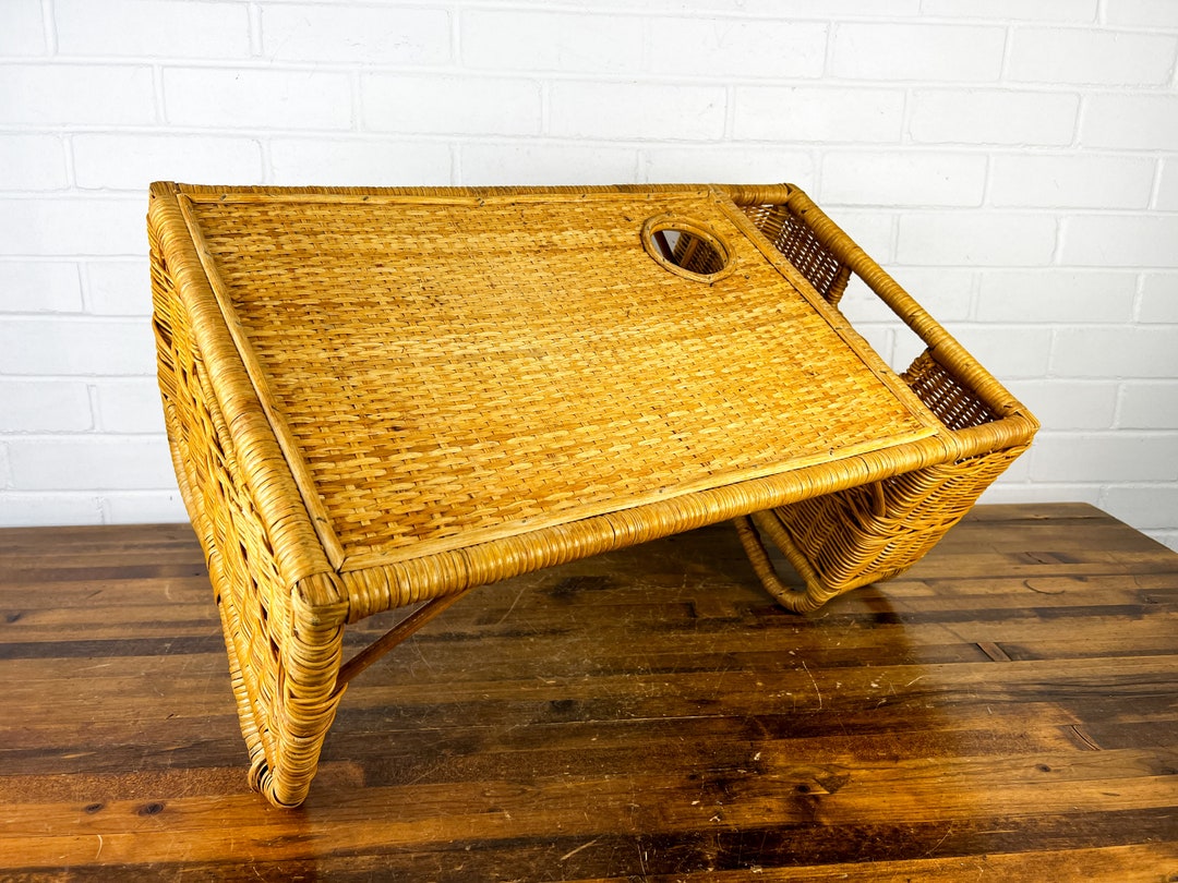 Vintage Wicker Bed Tray With Cup Holder and Storage Area Slot Etsy