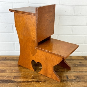 Handmade Vintage Doll Size Wooden Chair With Desk Storage Area Small Brown Wood Chair for Display with Heart Cutout and No Armrests