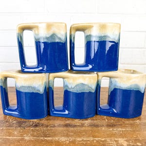 Vintage Rodolfo Padilla Stacking Mug Set | 6 Made in Mexico Stoneware Mugs | Blue Drip Glaze | Wooden Mug Tree | Mid Century Pottery