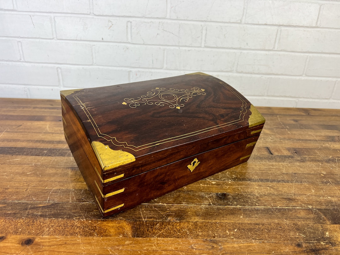 Vintage Walnut Jewelry Box | Brass Inlay, Velvet Lined, Working Key - Etsy