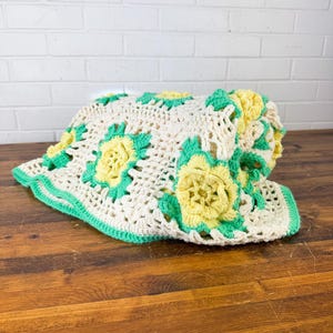 Afghan Authentic Vintage Homemade Throw Blanket White Green Yellow Flowers Crochet End of the Bed Floral Bedding Blanket