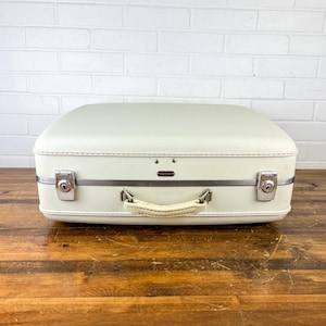 Vintage White American Tourister Suitcase | Mid-Century Hard Shell Luggage with Red Interior
