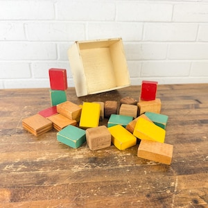 Vintage Wooden Building Blocks Set | 23 Piece Toy w Rustic Wood Box | Mid Century Educational Toy Decor | Montessori Style