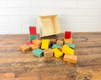 Vintage Wooden Building Blocks Set | 23 Piece Toy w Rustic Wood Box | Mid Century Educational Toy Decor | Montessori Style