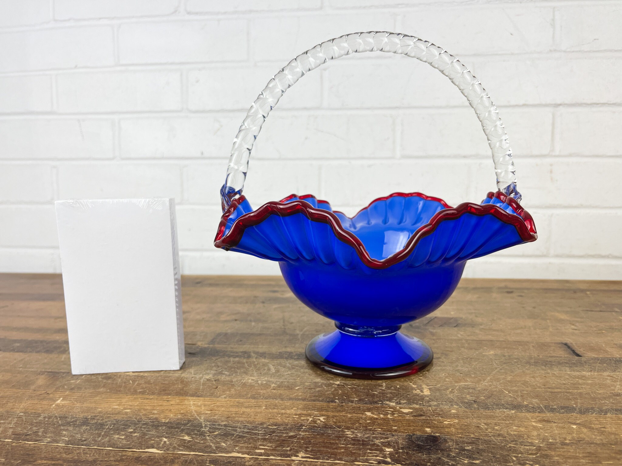 Fenton Cobalt Blue Rubycrest Ruffle Edge Large Basket With