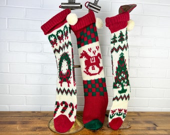 Set of 3 Handmade Vintage Crocheted Christmas Stockings in Red Green and White Homemade Holiday Socks for 3 People