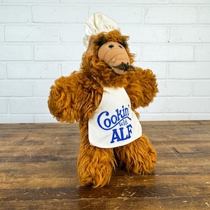 1980s Vintage Alf the Alien Plush Hand Puppet with Cooking with Alf Apron TShirt 80s Props Toys 80s Aesthetic