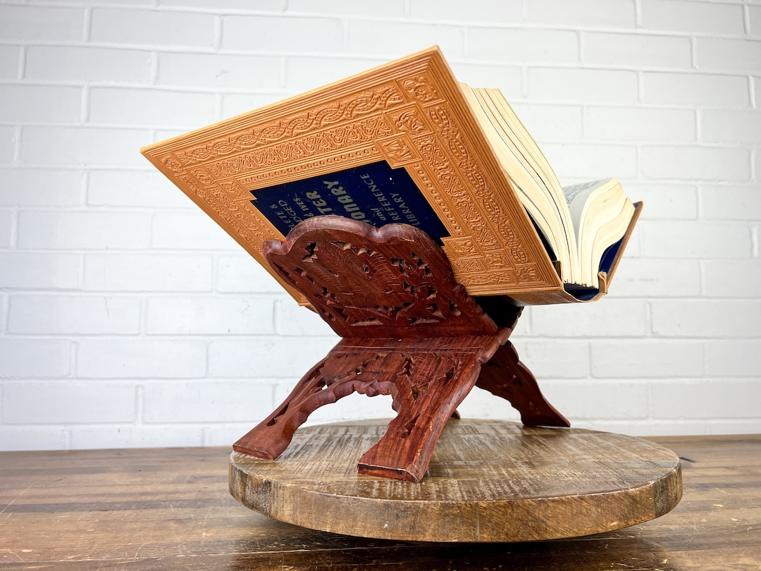 Vintage Wooden Carved Folding Wood Book Stand Bible Display Open Book ...