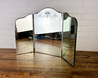 27” TriFold Vintage Vanity Dresser Mirror with Bevelled Edges Tabletop Mirror Movable Mirror Distressed Mirror