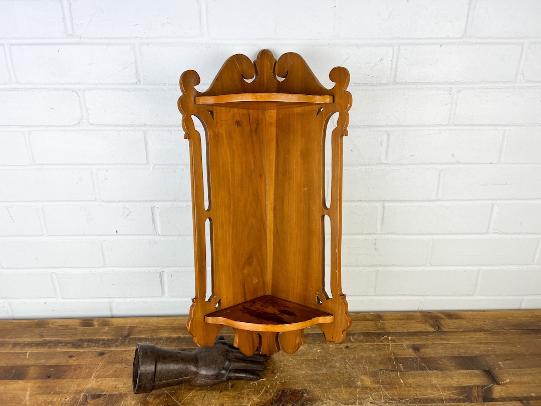 20 Vintage Brown Wood Corner Shelf 2 Tiers Handmade Wooden Corner Wall