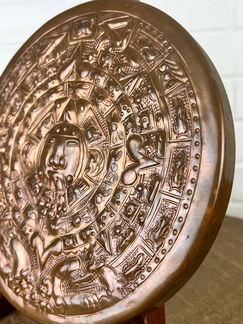 Vintage Hand Hammered Copper Aztec Calendar Wall Hanging, Mexico Decor ...