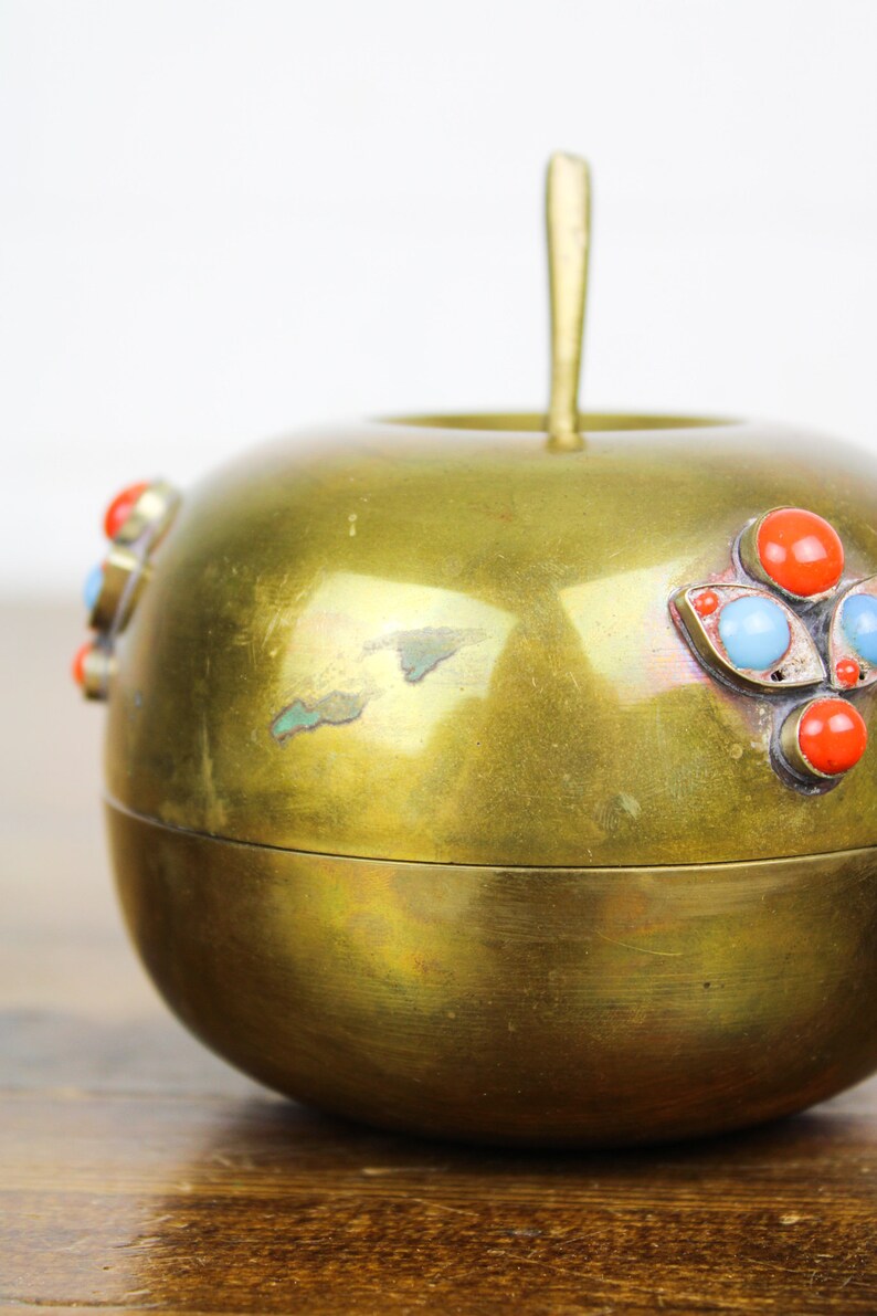 Vintage Brass Fruit Container Bowl with Lid with Blue and Red Gemstones Stamped India