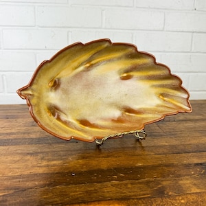 1960s Frankoma Tan Pottery Leaf Bowl Mid Century Decor Vintage Thanksgiving Candy Dish