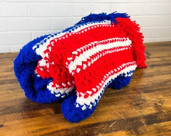 Colorful Handmade Vintage Afghan Red White and Blue Crocheted Throw Blanket End of the Bed Bedding Afghan to Display 4th of July Decor