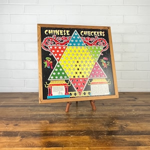 Vintage Chinese Checkers Game from Transogram Cardboard with Wood Frame Made in USA Colorful Retro Wall Art Mid Century Wall Decor