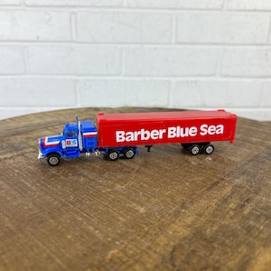 Vintage Blue Red Semi Truck with Trailer Barber Blue Sea Diecast 1980s Metal Car Toy Diecast Toys Made In Hong Kong