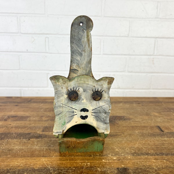 Vintage Wood Matchstick Holder Shaped Like Cat Wall Decor Distressed Primitive Wooden Decor Wall Mounted Match Holder Holds Matches