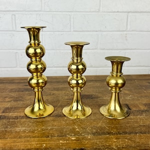 Set of 3 Matching Vintage Brass Candlestick Holders Group of 3 Gold Metal Candle Holder For Tabletop Holds Tall Candles Gold Shelf Decor