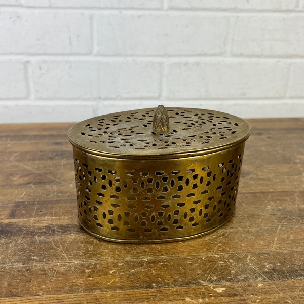 Vintage Brass Trinket Box with Holes on the Side and Lid Small Brass Box with Openings Brass Container Potpourri Holder Gold Shelf Decor