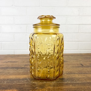 9&quot; Vintage Amber Glass Jar with Lid Brown Glass Shelf Decor Amber Brown Kitchen Decor Clear Glass Canister