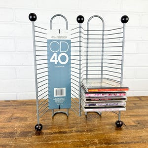 Vintage CD Storage Rack | 40 Disc Metal & Wood Gray CD Holder | Retro Media Shelf