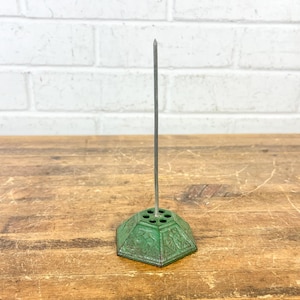 Antique Early 1900s Metal Receipt Spike • Decorative Hexagon Base with Green Paint • Vintage Bill Holder