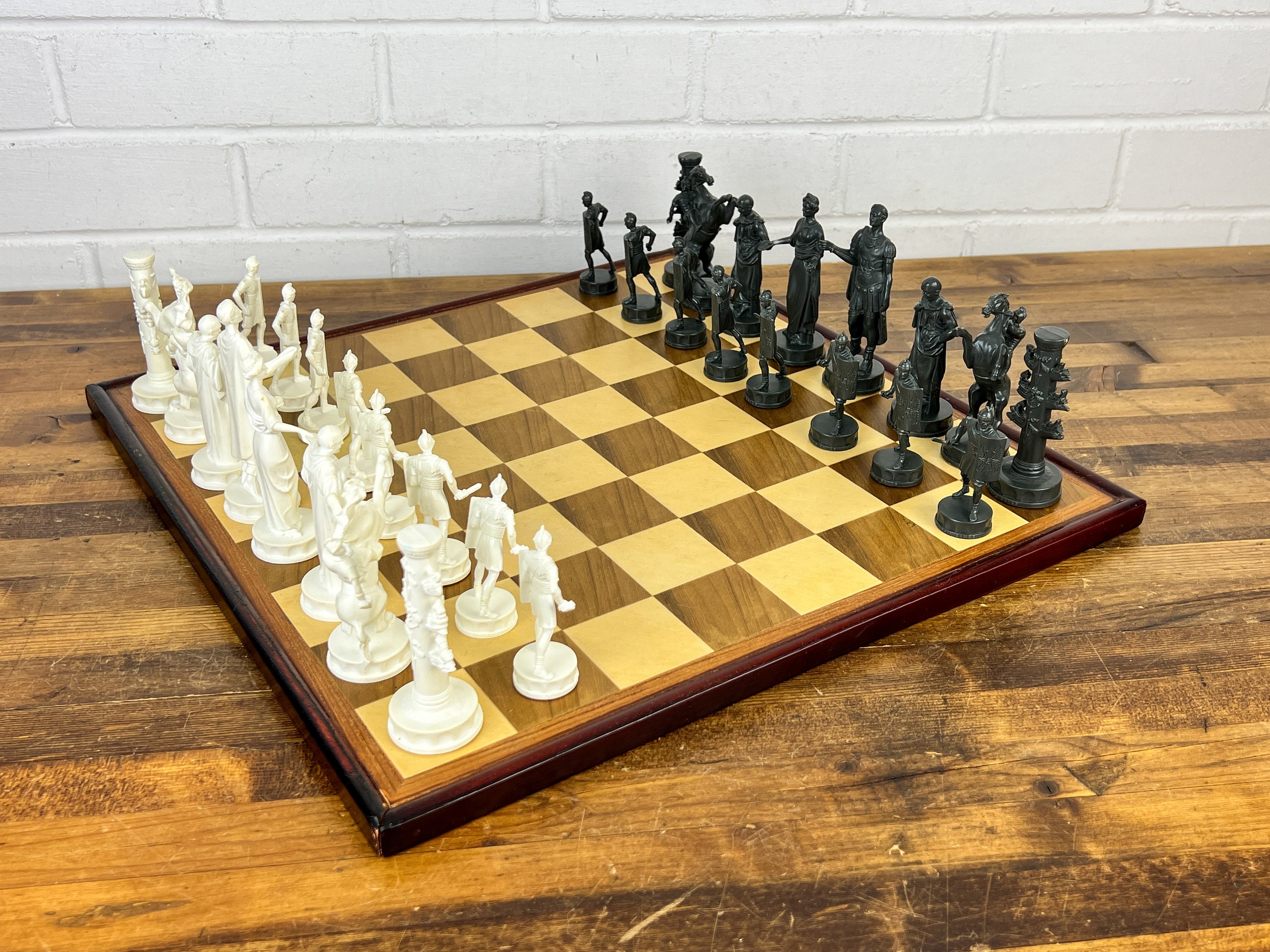 Chess Board Set w/ Pieces Hidden in Table Top Nautical Old World