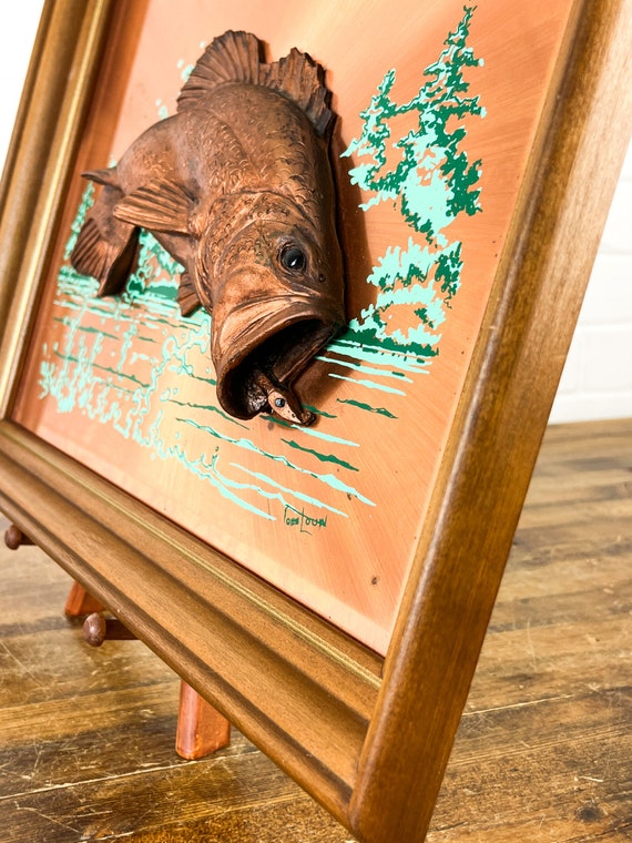 1970s John Louw Largemouth 3D Wood Fish on Copper Framed Artwork 