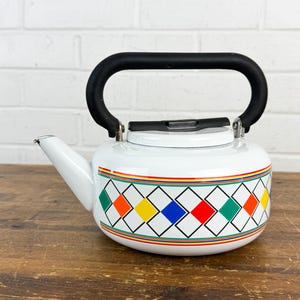 Vintage 1983 M. Kamenstein Enamel Teapot – Colorful Retro Rainbow Stripe Tea Kettle