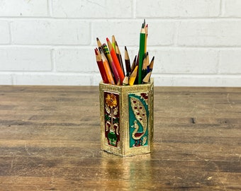 Unique Vintage Shiny Flower and Peacock Pencil Holder Eclectic Office Decor for Women for Men Plastic and Foil Pen Holder Meenakari