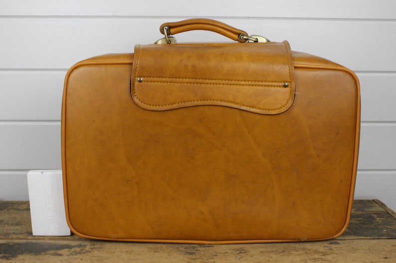 Vintage Tan Suitcase with Flap Buckle /& Fabric Front Kickass Suitcase! Soft Sides