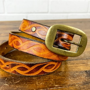 Vintage Leather Belt with Brass Belt Buckle Size 34 Brown Distressed Leather Tooled Belt for Women or Men Cool Old Belt