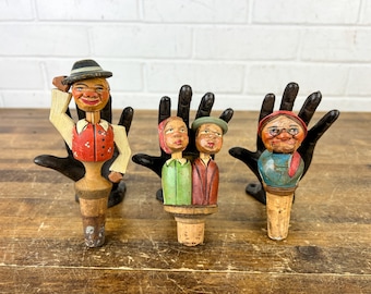 One Vintage Anri Wood Wine Bottle Stopper with Mechanical Action Wooden Stopper with Character Head Decanter Stopper