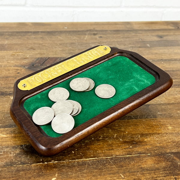 Vintage Wood Pocket Change Holder Authentic Vintage Small Change Coin Holder Brown Wood and Green Felt Entryway Change Holder Catchall