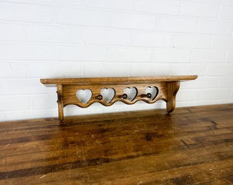 24&quot; Vintage Oak Heart Wall Shelf with Pegs – Farmhouse Cottagecore Decor