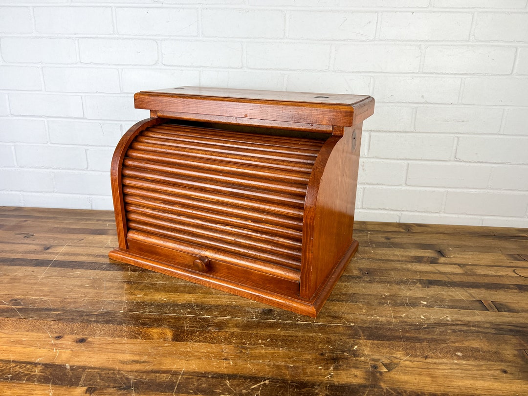 Vintage Brown Wooden Roll Top Bread Box Accordion Wood Bread