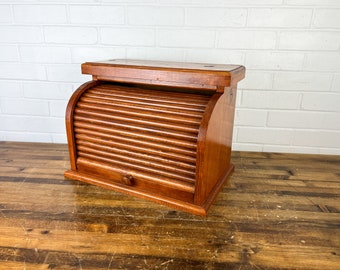 Vintage Brown Wooden Roll Top Bread Box Accordion Wood Bread Box Breadbox