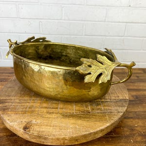 16x8" Vintage Brass Container with Leaf Handles Distressed Bulbous Oblong Gold Metal Planter Pot Display with Patina