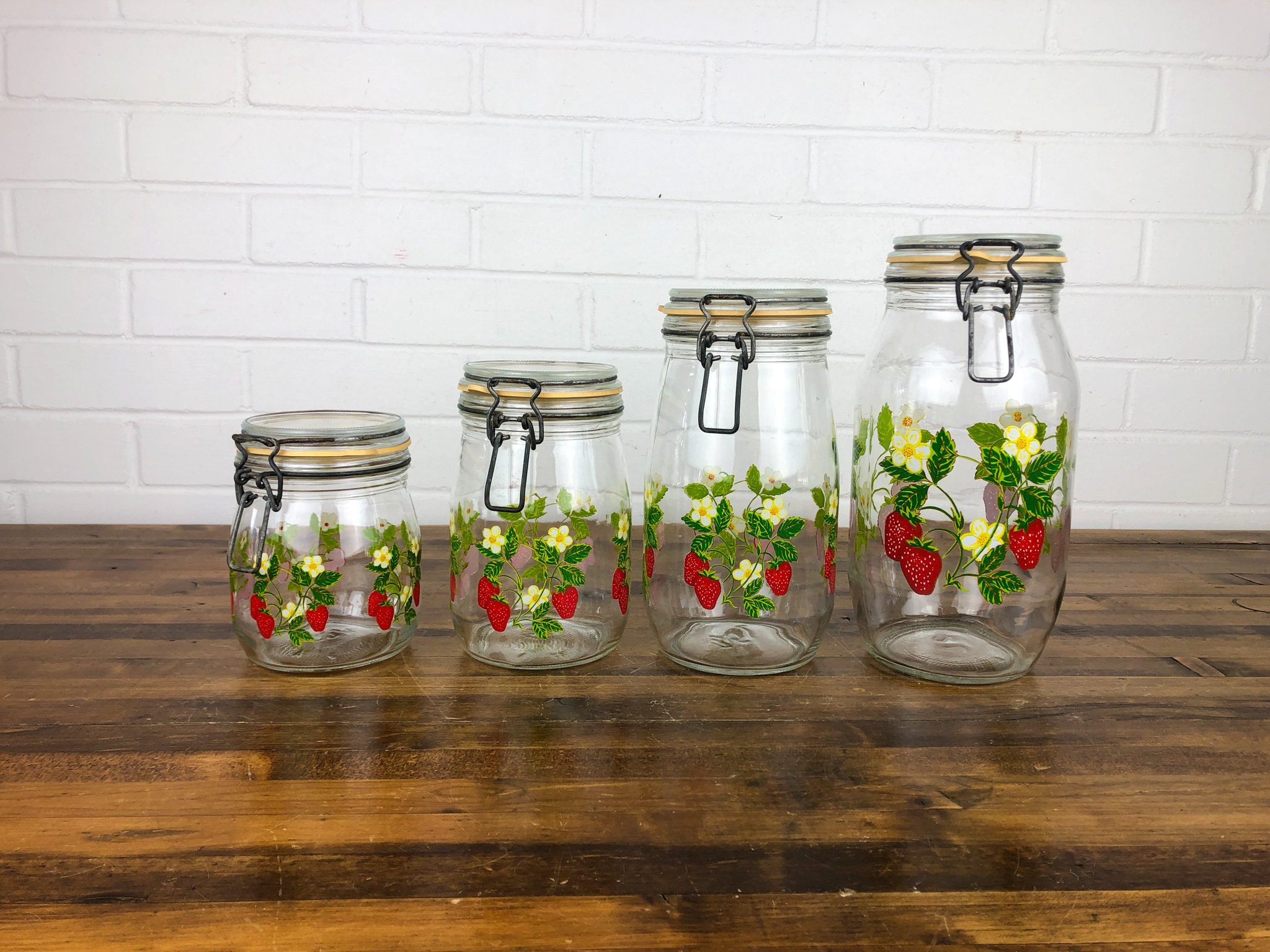 4 Piece Vintage Glass Strawberry Themed Canister Set Arc Etsy