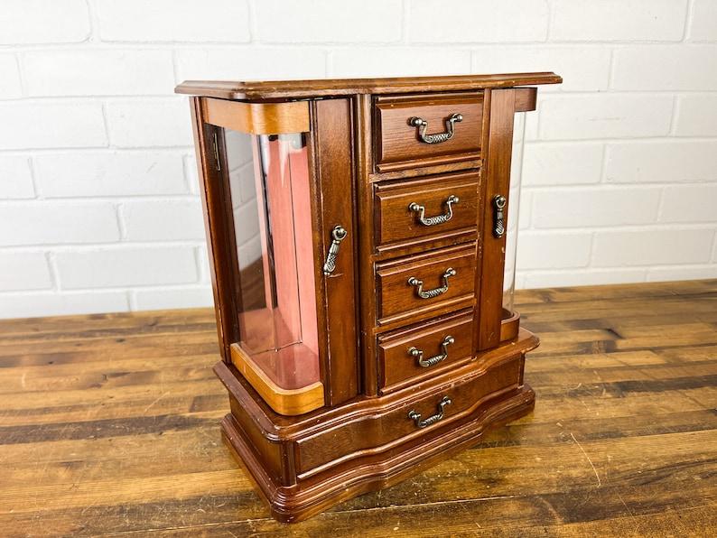 Vintage Wood Jewelry Box With Glass Doors 5 Drawers Necklace Etsy