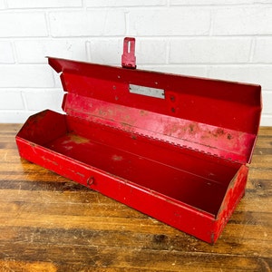 19" Industrial Vintage Distressed Wide Red Metal Box with Latch Old Tru Test Tool Box Decor Aged Worn Old
