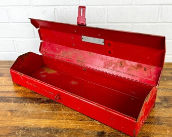 19" Industrial Vintage Distressed Wide Red Metal Box with Latch Old Tru Test Tool Box Decor Aged Worn Old