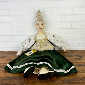 Vintage Alexandra Kukinova Moscow Doll with Long Green Dress Russian Folk Art Made in Russia