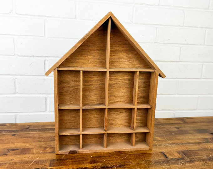 14x12" Vintage Knick Knack House Shape Wooden Display Shelf With 14 ...